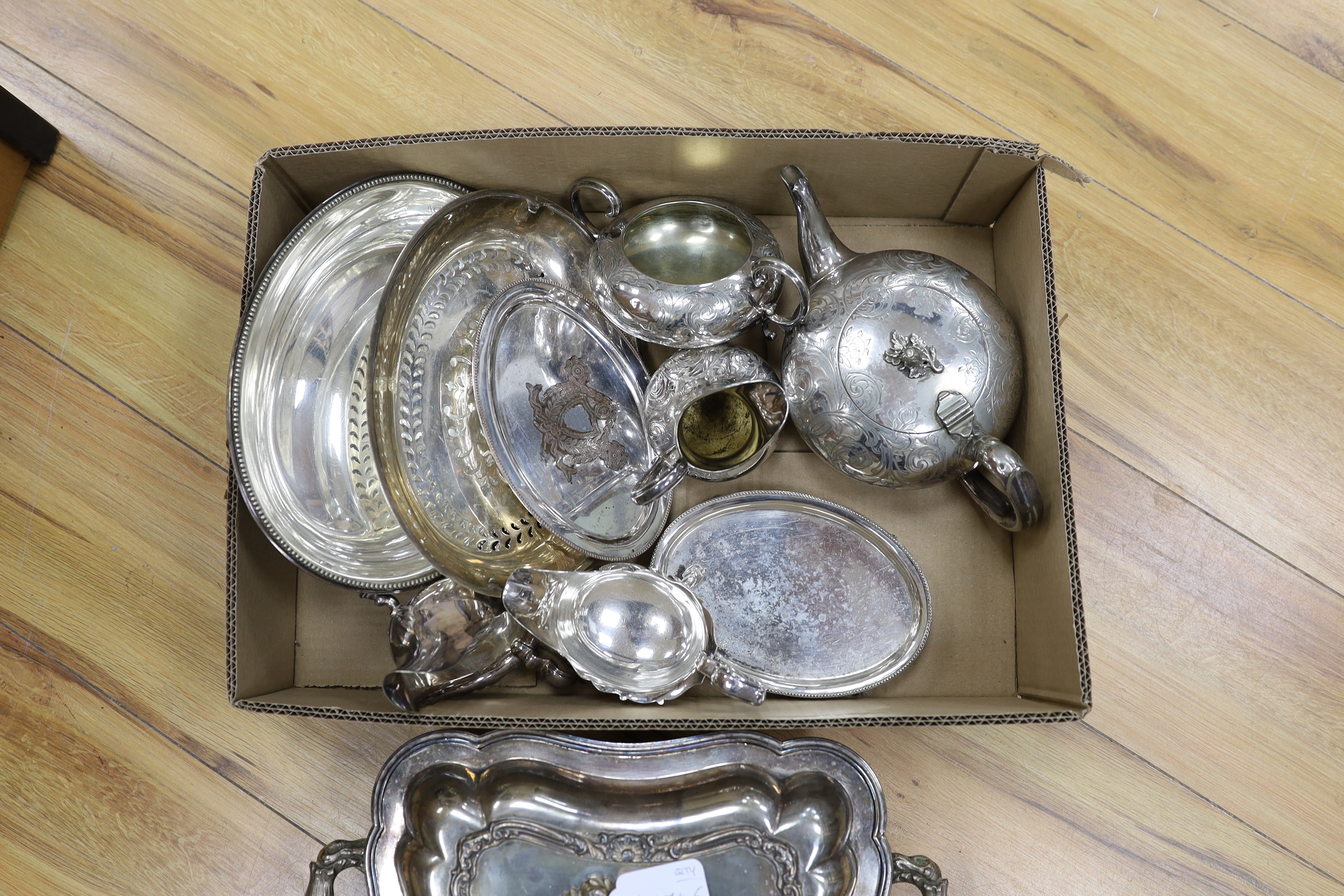 A collection of plated wares: an oval card tray, tureen and cover, cased four piece spoon desert set and an inset coin ashtray etc